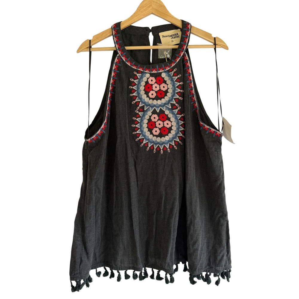 Savanna Jane Womens 2X Charcoal Grey Embroidered Tassel Halter Top P14984 NWT